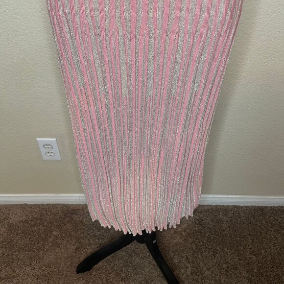 H&M Pink & Silver Metallic Pleated Midi Dress Shimmer Knit Cami Size Medium - Picture 7 of 14